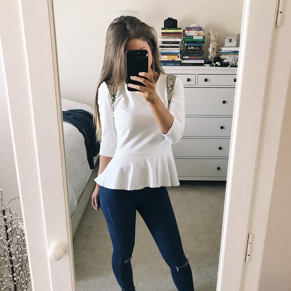 Forever 21 Tops - F21 White Peplum Sequin Shirt